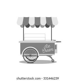 Vintage Ice-Cream Cart. Black and white vector Illustration of dessert Shop on Wheels.