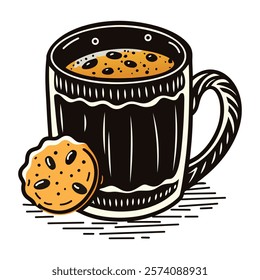 Vintage icon of a coffee mug with cookie