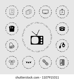 Vintage icon. collection of 13 vintage filled and outline icons such as perfume, desk phone, bread, party flag, gramophone, chain. editable vintage icons for web and mobile.