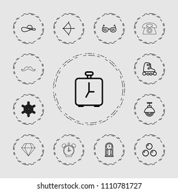Vintage icon. collection of 13 vintage outline icons such as street lamp, skate rollers, sunglasses, sun hat, pendulum, alarm, bow. editable vintage icons for web and mobile.