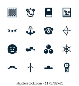 Vintage icon. collection of 16 vintage filled icons such as book, woman hat, emot with mustache, desk phone, party flag, pendulum. editable vintage icons for web and mobile.