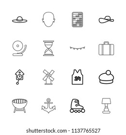 Vintage icon. collection of 16 vintage outline icons such as woman hat, sport t shirt number 24, skate rollers, sun hat, pendulum. editable vintage icons for web and mobile.