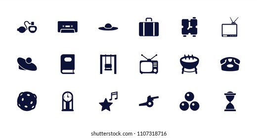 Vintage icon. collection of 18 vintage filled icons such as book, desk phone, woman hat, barbecue, swing, tv, cassette. editable vintage icons for web and mobile.