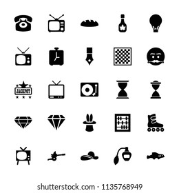 Vintage icon. collection of 25 vintage filled icons such as perfume, jackpot, abacus, emot with mustache, tv, tv, desk phone. editable vintage icons for web and mobile.