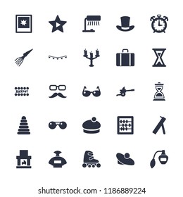 Vintage icon. collection of 25 vintage filled icons such as pyramid, perfume, woman hat, abacus, table lamp, fireplace, hourglass. editable vintage icons for web and mobile.