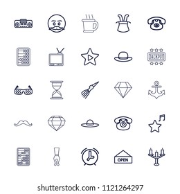 Vintage icon. collection of 25 vintage outline icons such as woman hat, emot with mustache, magic hat, desk phone, record player. editable vintage icons for web and mobile.