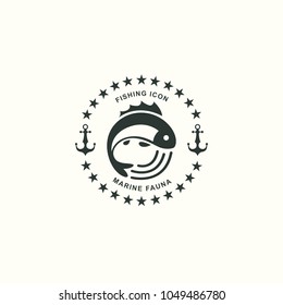 Vintage icon of fresh fish. Oceanic, river, lake icons. Emblem, signet with animals. Vector graphic illustration. Logotype, logo