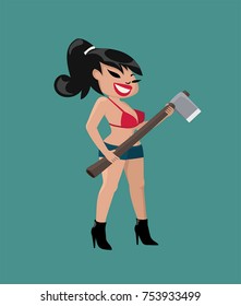Vintage Icon of a lumberjack girl with an ax in her hands. The girl is dressed in shorts, shirt and boots. Retro woman lumberjack.
