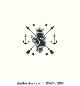 Vintage icon of sea horse. Oceanic icons. Emblem, signet with animals. Vector graphic illustration. Logotype, logo