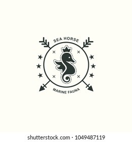 Vintage icon of sea horse. Oceanic icons. Emblem, signet with animals. Vector graphic illustration. Logotype, logo