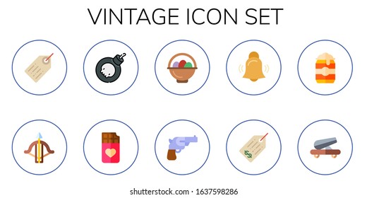 vintage icon set. 10 flat vintage icons. Included price tag, crossbow, bomb, chocolate bar, easter eggs, revolver, alarm, beer can, cannon icons