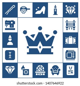 vintage icon set. 17 filled vintage icons.  Simple modern icons about  - Hairpin, Sewing machine, Birthday boy, Crown, Typing, Travel bag, Tv, Diamond, Carriage, Plug, Cinderella