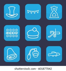 vintage icon. Set of 9 outline vintage icons such as perfume, Jackpot, woman hat, hourglass, party flag, hat, bell, extinct fish