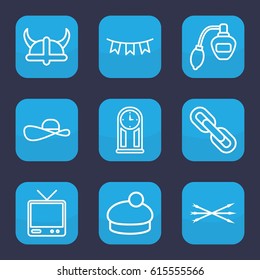 Vintage icon. set of 9 outline vintage icons such as perfume, woman hat, TV, party flag, sun hat, chain, pendulum, arrow bow