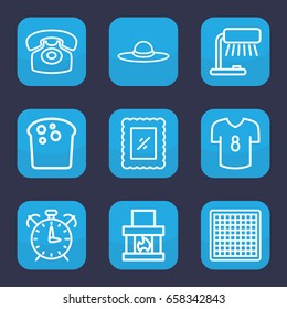 Vintage icon. set of 9 outline vintage icons such as woman hat, desk phone, photo, alarm, football t shirt, table lamp, bread, fireplace