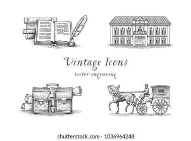 Vintage icon set. Books, quill, hotel, briefcase with papers, vintage cab and horse.  Hand drawn engraving style illustrations.