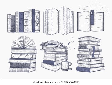 Vintage icon set of books, sketch drawn, vector collection. Stacks of books, books and magazines in a row and on top of each other. Concept of reading, sketch print for bookstores, libraries, cafes