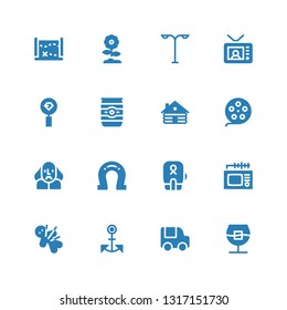vintage icon set. Collection of 16 filled vintage icons included Whiskey, Food truck, Anchor, Voodoo, Tv, Boxing, Horseshoe, Shakespeare, Film reel, Cabin, Beer can, Diamond, Street light