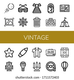 vintage icon set. Collection of Golf ball, Picture, Sunglasses, Helm, Heaven, Delete, Burrito, Boombox, Scrapbook, Circus tent, Flower, Cuckoo clock, Surfboard, Air balloon icons