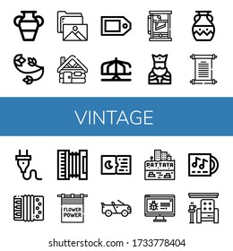 vintage icon set. Collection of Vase, Floral design, Gallery, Cabin, Price tag, Merry go round, Guillotine, King, Papyrus, Plug, Accordion, Flower power, Tickets, Convertible icons