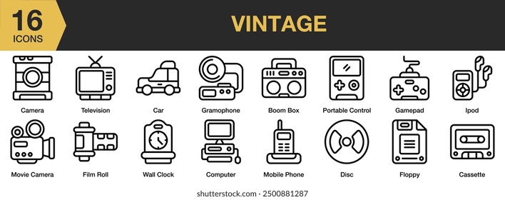 Vintage icon set. Includes boom box, camera, computer, gamepad, gramophone, and More. Outline icons vector collection.