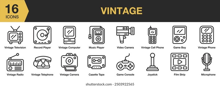 Vintage icon set. Includes boom box, television, mobile phone, record player, and More. Outline icons vector collection.