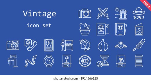 vintage icon set. line icon style. vintage related icons such as shower, mortar, fig, snake, swords, cabin, quill, telephone, thread, menu, photo camera, heart, axe, diamond, passport, bird house