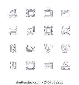 Vintage icon set. Thin line icon. Editable stroke. Containing wallclock, walllamp, candle, frame, videocamera, phonograph, gramophone, tv, radiocassette.