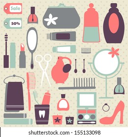 Vintage icons of cosmetic and jewelry. Vector collection with cosmetics elements.