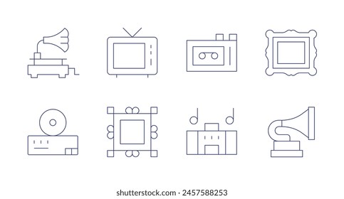 Vintage icons. Editable stroke. Containing music, videoconsole, frame, phonograph, gramophone, tv, radiocassette.