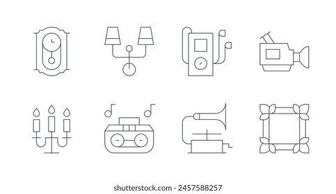 Vintage icons. Editable stroke. Containing wallclock, walllamp, frame, candle, walkman, videocamera, phonograph, boombox.