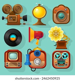 Vintage icons of multimedia devices. Retro technologies such as video photo cameras, gramophone, megaphone, reel-to-reel radio, vinyl record, telephone, antique lamp. Vector illustration.