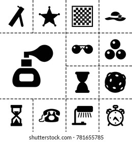 Vintage icons. set of 13 editable filled vintage icons such as alarm, table lamp, sheriff, sunglasses, hourglass, extinct sea creature, canon ball, cannon, perfume, desk phone