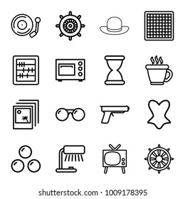 Vintage icons. set of 16 editable outline vintage icons such as helm, coffee, corset, abacus, table lamp, chess board, tv, gramophone, microwave, sunglasses, photo, hourglass