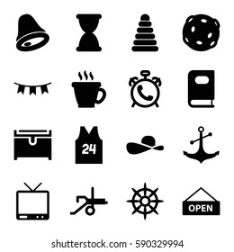 vintage icons set. Set of 16 vintage filled icons such as alarm, pyramid, book, coffee, chest, anchor, helm, TV, party flag, sport t shirt number 24, open plate, sun hat