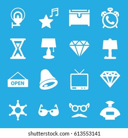 Vintage icons set. set of 16 vintage filled icons such as alarm, perfume, diamond, Diamond, chest, mustache and glasses, TV, favorite music, street lamp, sheriff, open plate