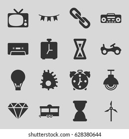 Vintage icons set. set of 16 vintage filled icons such as bike, diamond, trailer, cassette, record player, party flag, street lamp, air balloon, chain, mill, hourglass, alarm