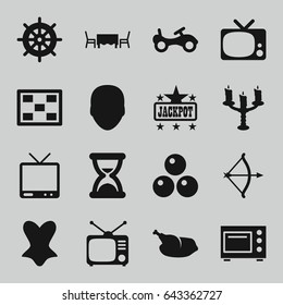 Vintage icons set. set of 16 vintage filled icons such as bike, helm, face, jackpot, corset, tv, tv, photo, candlestick, restaurant table, chicken, microwave, hourglass, bow