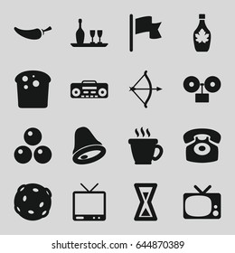 Vintage icons set. set of 16 vintage filled icons such as coffee, maple syrup, pepper, tv, record player, desk phone, wine bottle and glass, flag, hourglass, bell, alarm