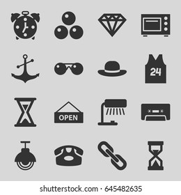 Vintage icons set. set of 16 vintage filled icons such as desk phone, diamond, woman hat, anchor, cassette, microwave, street lamp, sport t shirt number 24, open plate