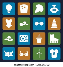Vintage icons set. set of 16 vintage filled icons such as pyramid, perfume, woman hat, corset, ice cream in can, gramophone, football t shirt, air balloon, sunglasses, sun hat