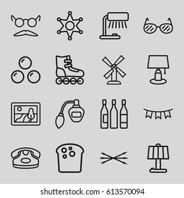 Vintage icons set. set of 16 vintage outline icons such as mill, perfume, desk phone, mustache and glasses, party flag, wine glass, sheriff, sunglasses, arrow bow, canon ball