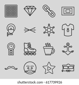 Vintage icons set. set of 16 vintage outline icons such as mustache, coffee, Diamond, trailer, favorite music, photo, street lamp, sheriff, anchor, chain, pendulum, arrow