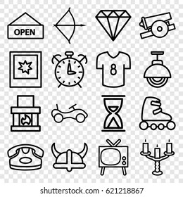 Vintage icons set. set of 16 vintage outline icons such as bike, desk phone, gem, photo, candlestick, street lamp, open plate, alarm, bow, helmet, cannon, skate rollers