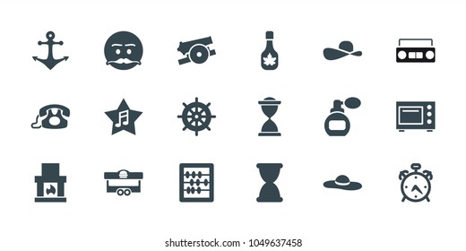 Vintage icons. set of 18 editable filled vintage icons: alarm, helm, perfume, abacus, emot with mustache, fireplace, microwave, sun hat, anchor, hourglass, cannon, desk phone