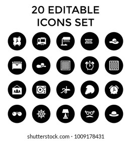 Vintage icons. set of 20 editable filled vintage icons such as woman hat, chest, mustache and glasses, table lamp, chess board. best quality vintage elements in trendy style.