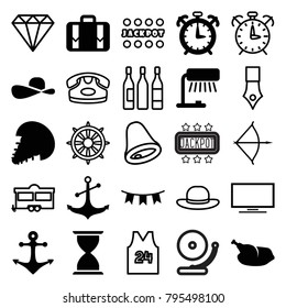 Vintage icons. set of 25 editable filled and outline vintage icons such as table lamp, anchor, luggage, party flag, chicken, sun hat, alarm, extinct sea creature, desk phone