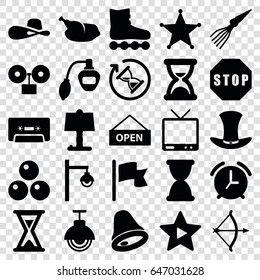 Vintage icons set. set of 25 vintage filled icons such as perfume, woman hat, tv, cassette, favorite music, hat, chicken, street lamp, sheriff, stop, flag, open plate