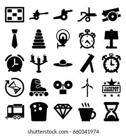 Vintage icons set. set of 25 vintage filled icons such as alarm, pyramid, coffee, diamond, jackpot, woman hat, trailer, photo, candlestick, street lamp, skate rollers, tie