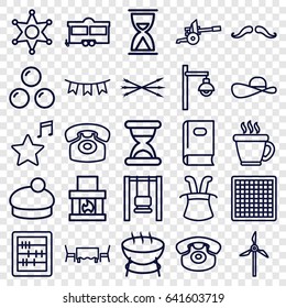 Vintage icons set. set of 25 vintage outline icons such as book, mustache, coffee, woman hat, abacus, trailer, desk phone, favorite music, party flag, restaurant table